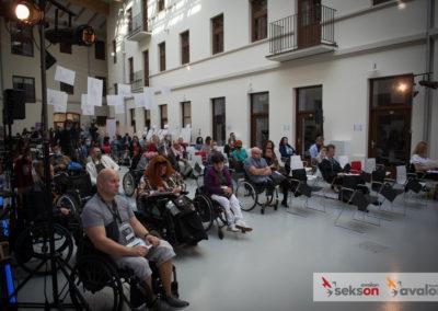 Sala, w której odbywa się konferencja, na sali uczestnicy konferencji, część siedząca na wózkach inwalidzkich, część osób siedzi na krzesłach.